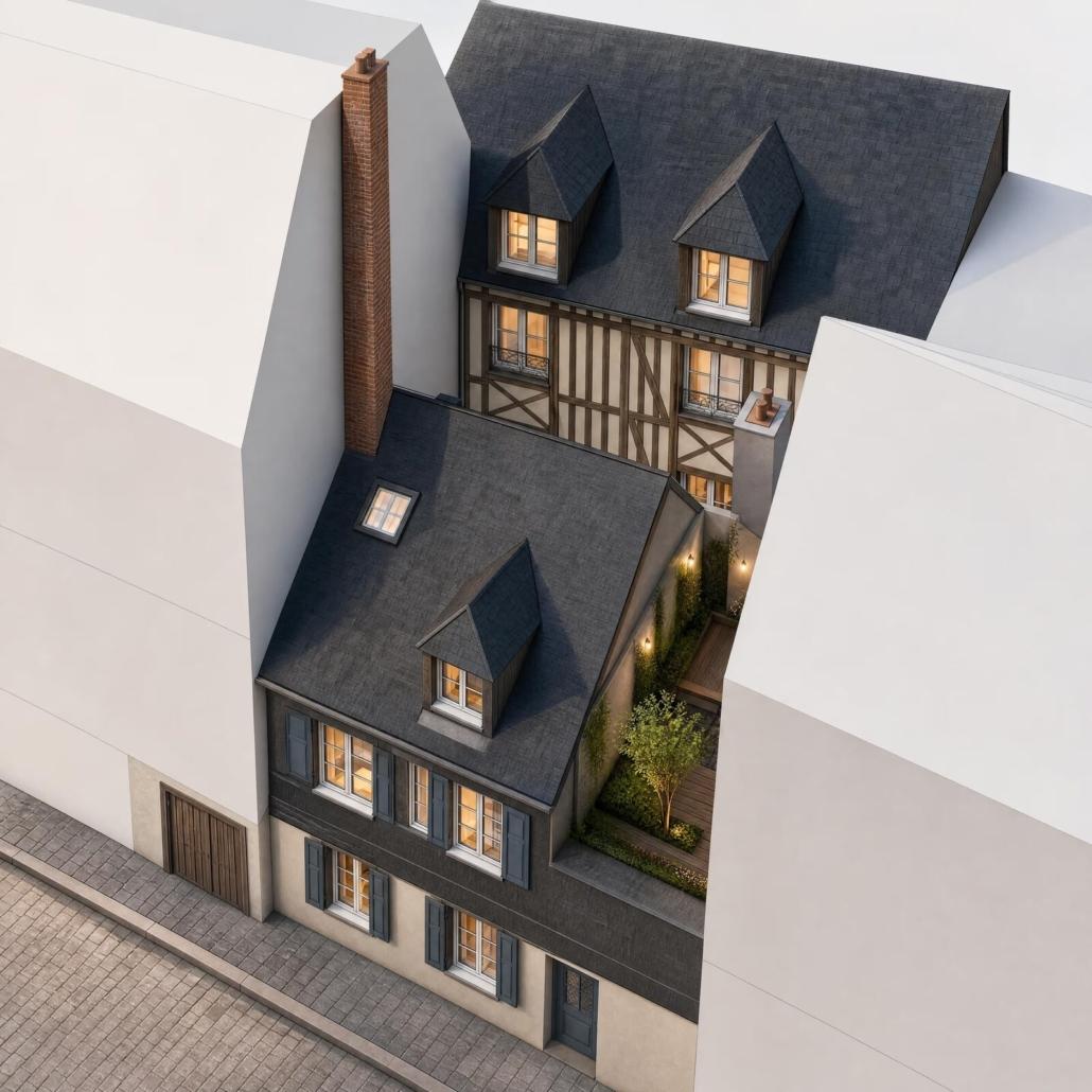Résidence La Foulerie à Honfleur - perspective aérienne du projet restauré