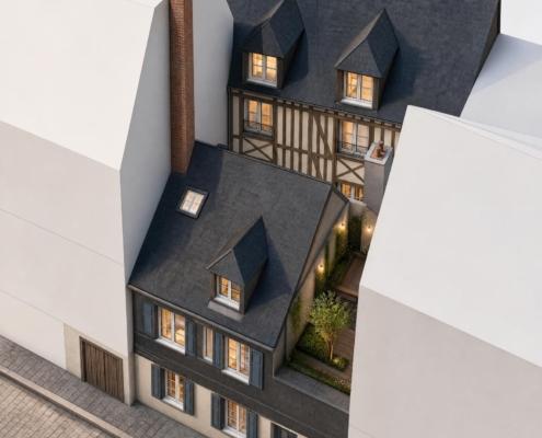 Résidence La Foulerie à Honfleur - perspective aérienne du projet restauré