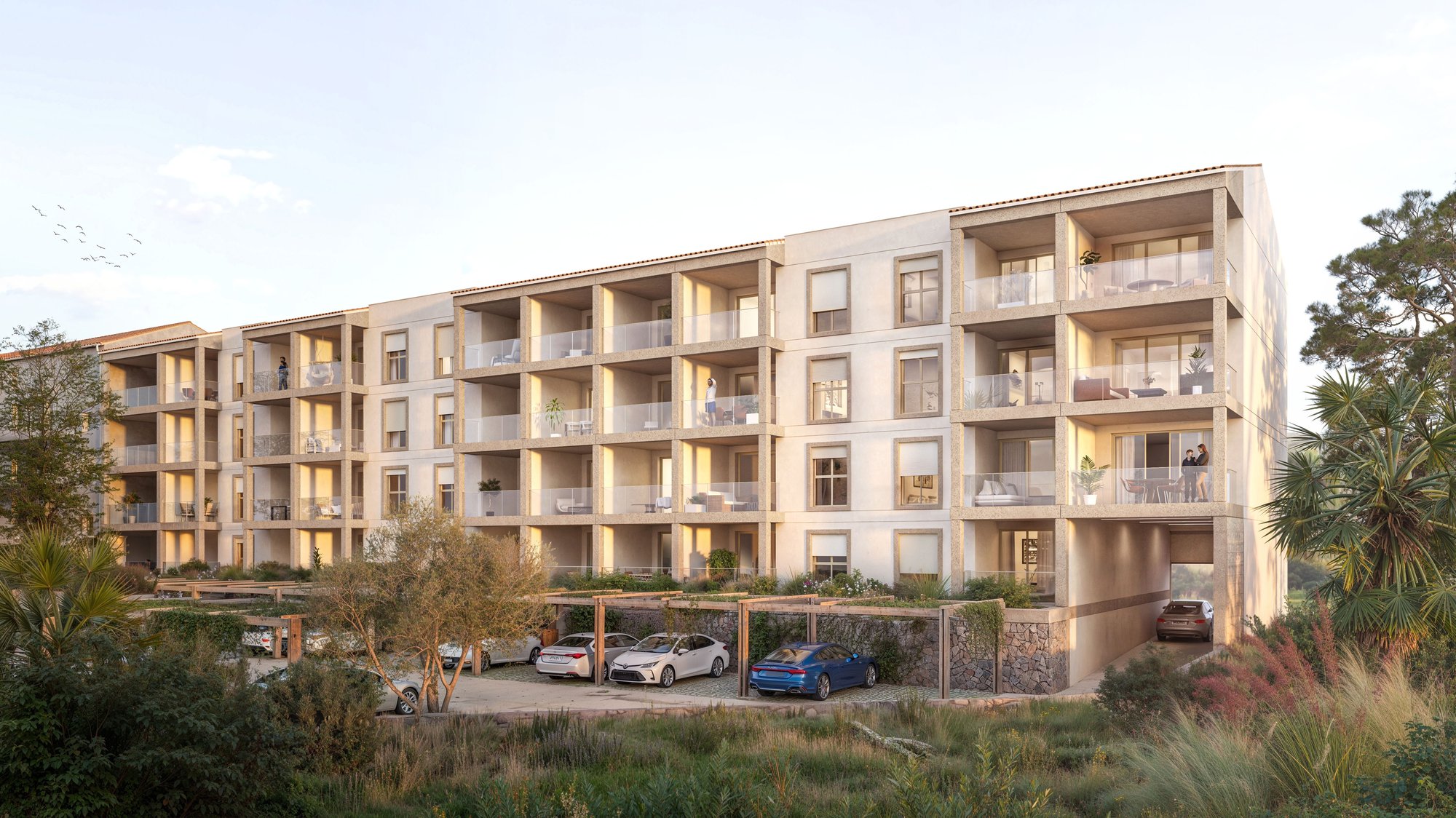 Façade de la résidence Alta Maré avec loggias et parkings paysagers