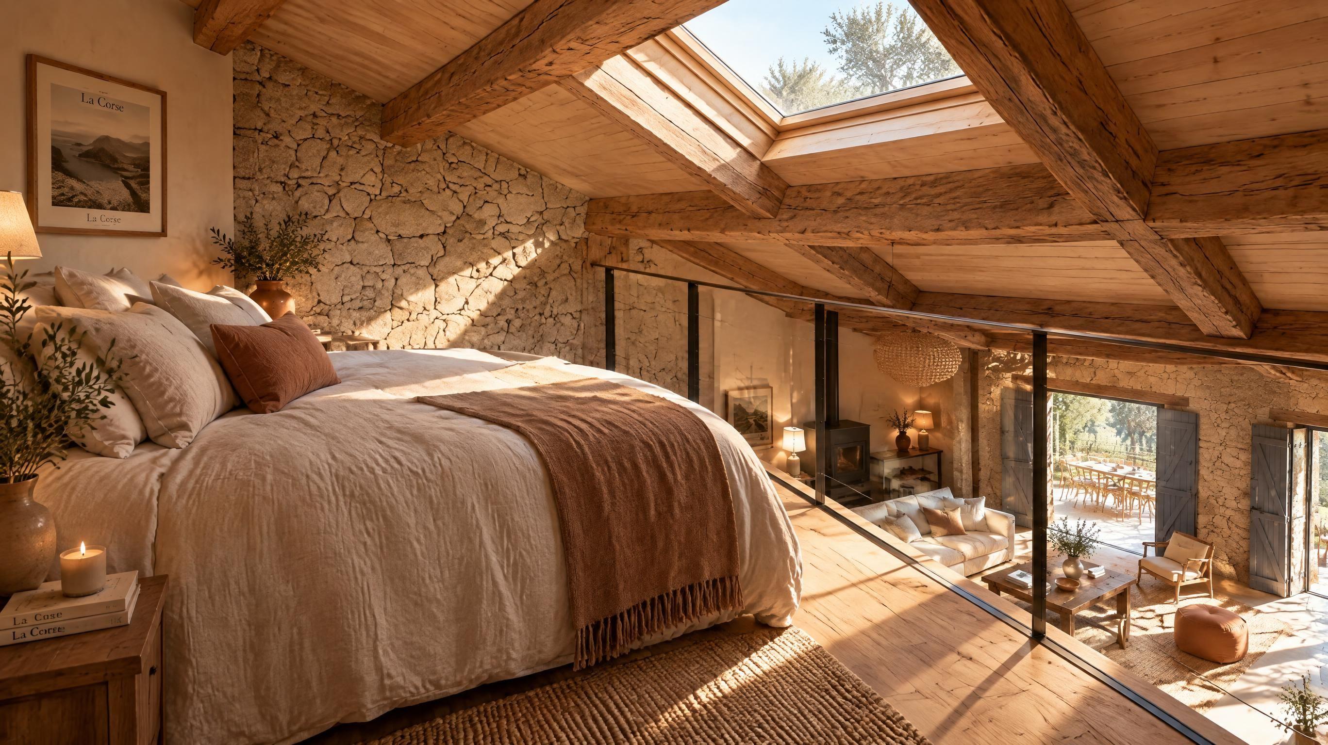 Chambre sous charpente apparente, villa à Sotta