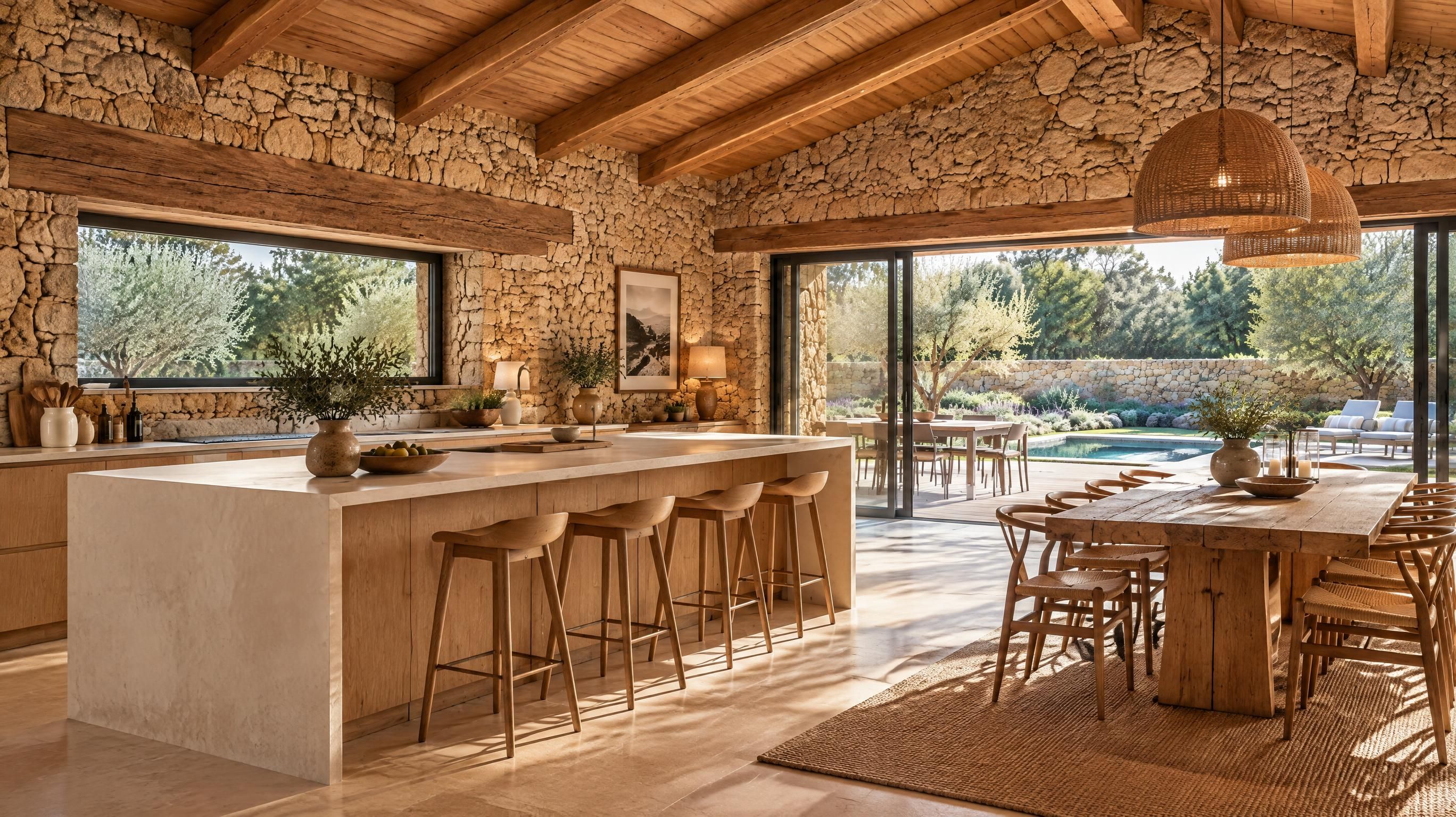 Cuisine ouverte et salle à manger d'une villa des Terrasses de Pascialella