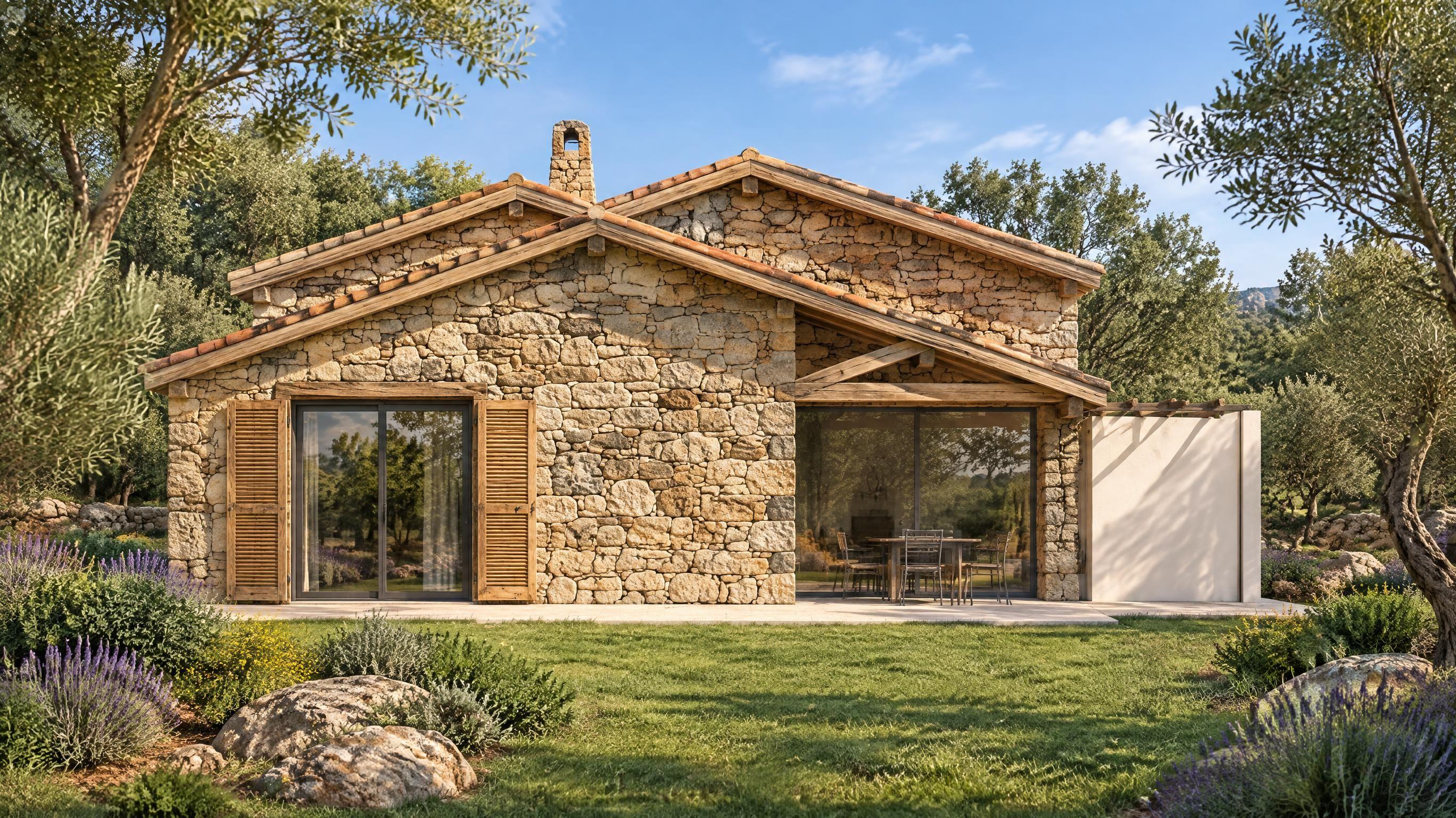 Façade en pierre et terrasse couverte d'une villa du domaine