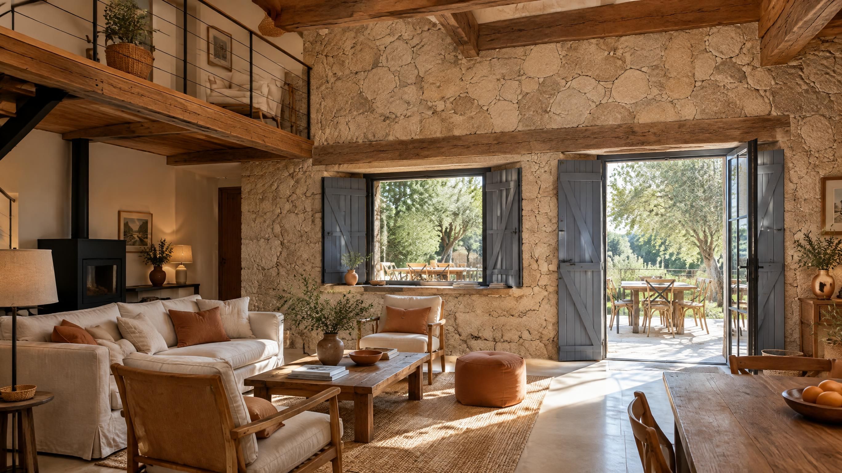 Salon avec mezzanine et cheminée d'une villa corse