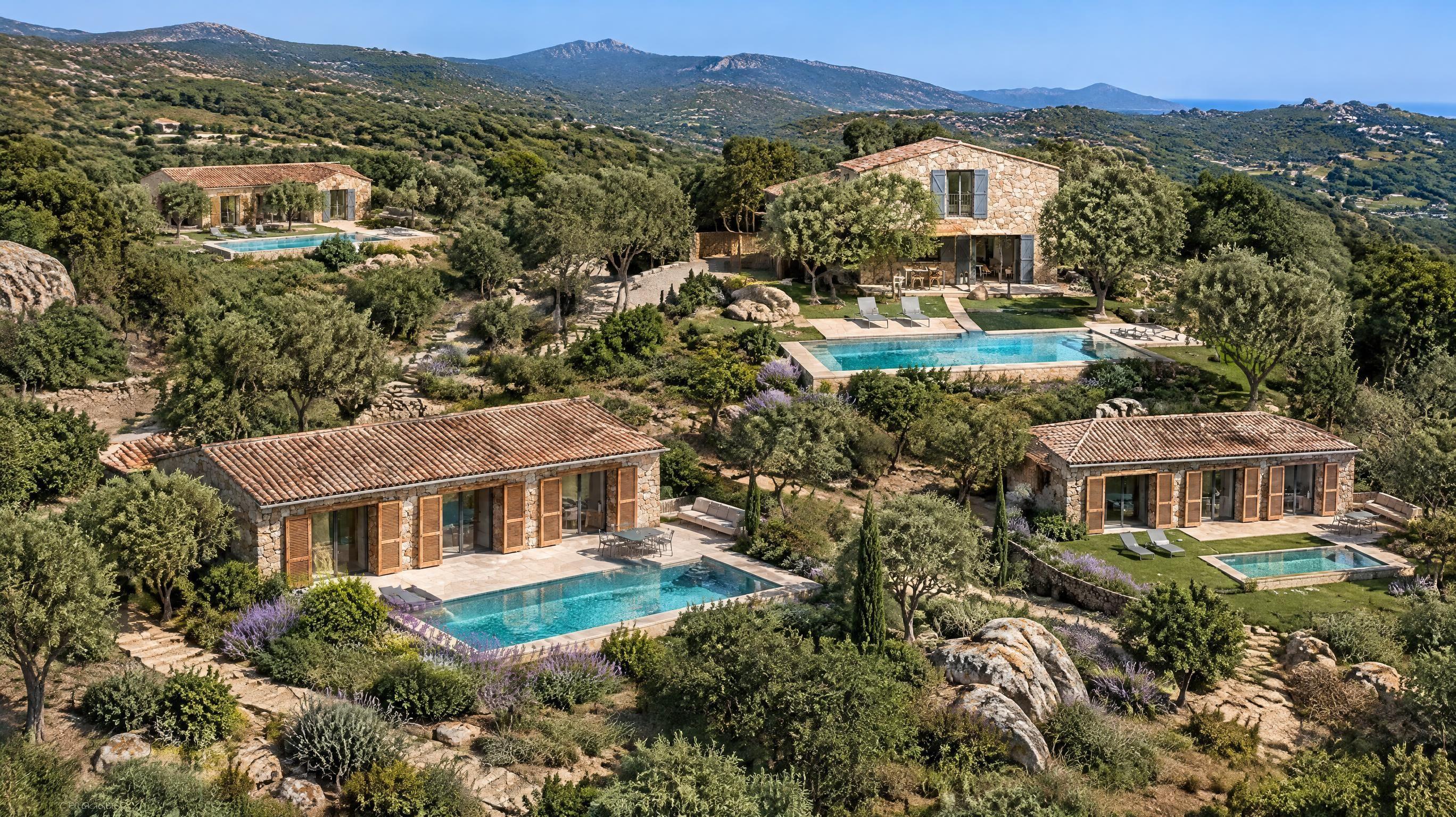 Vue aérienne du domaine Les Terrasses de Pascialella à Sotta