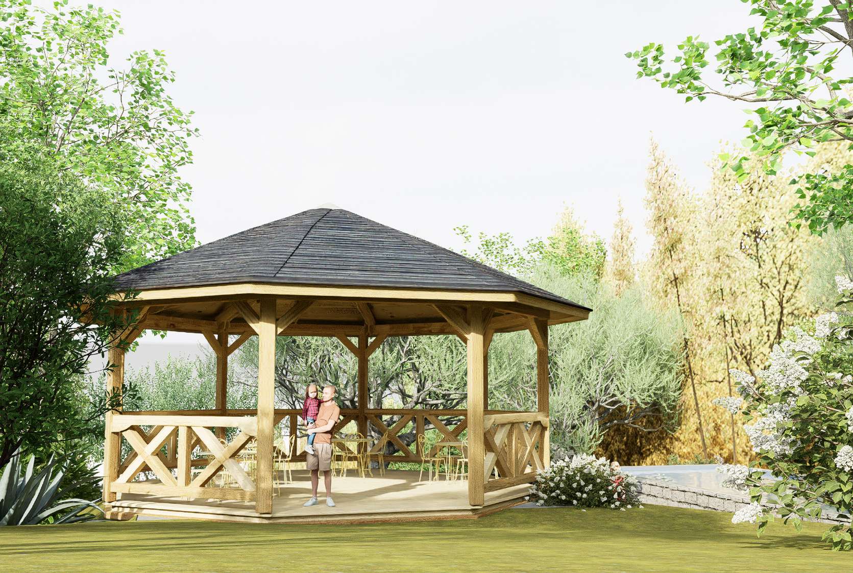 Kiosque en bois dans le parc arboré du programme I Caseddi