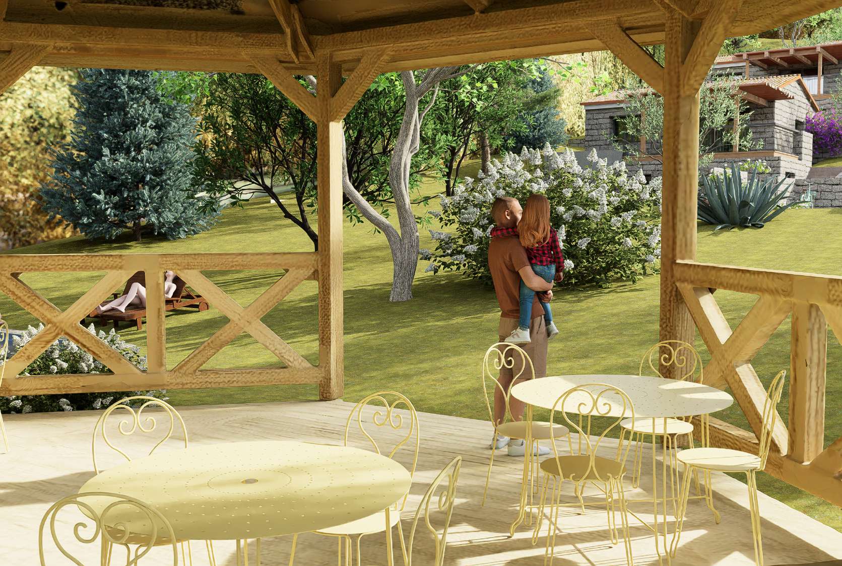 Intérieur du kiosque avec tables et vue sur le jardin