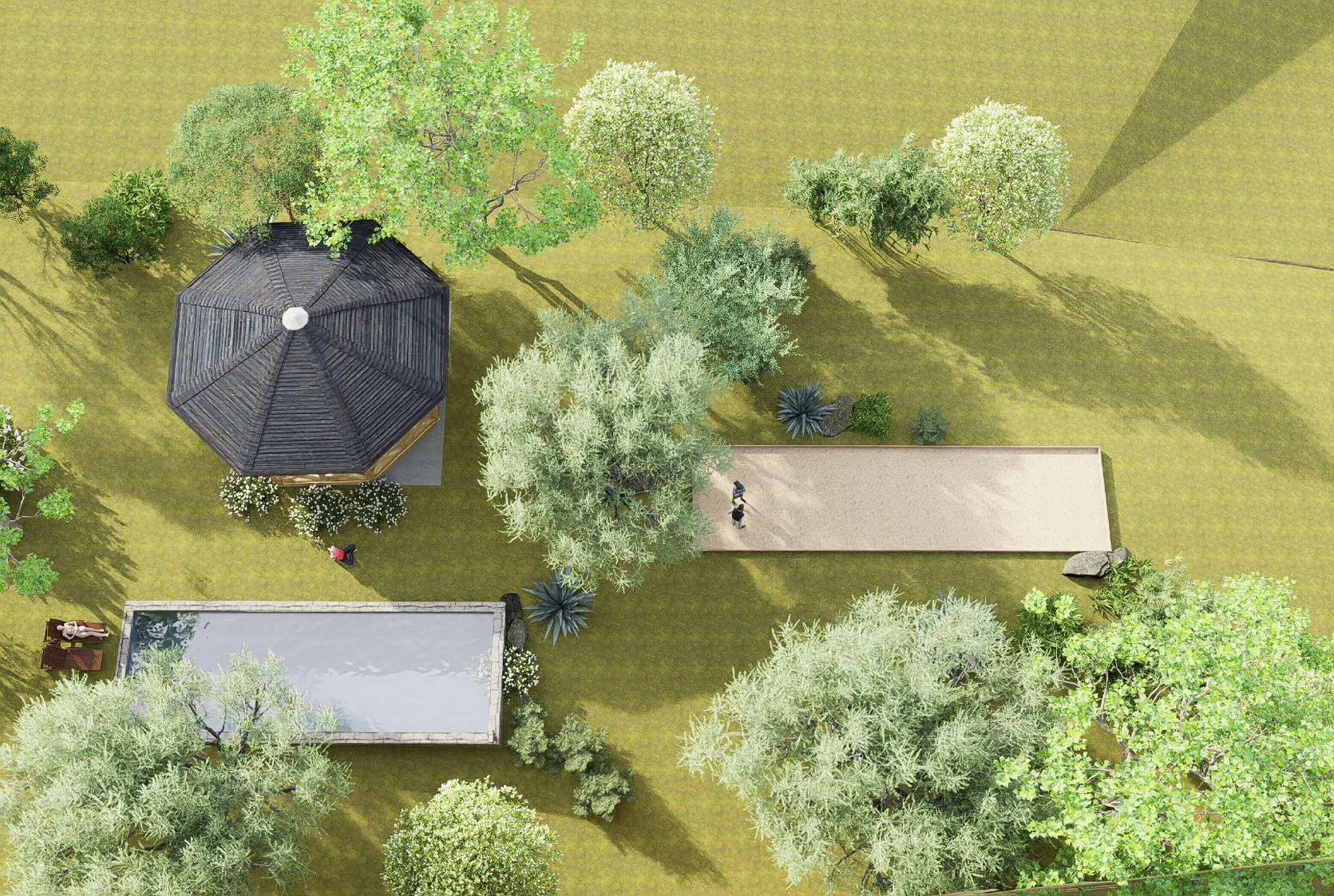 Vue du dessus du parc avec piscine, kiosque et terrain de pétanque