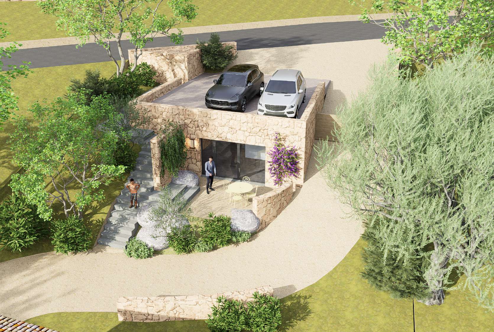 Vue aérienne d’une bergerie avec parking et escalier en pierre