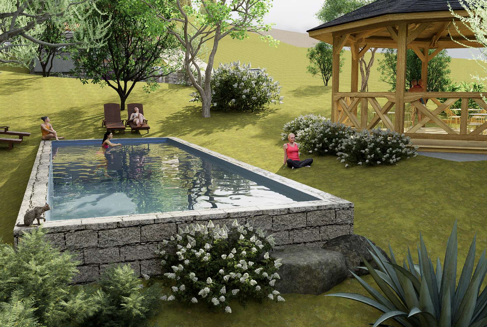 Piscine en pierre au cœur du jardin méditerranéen à Sotta