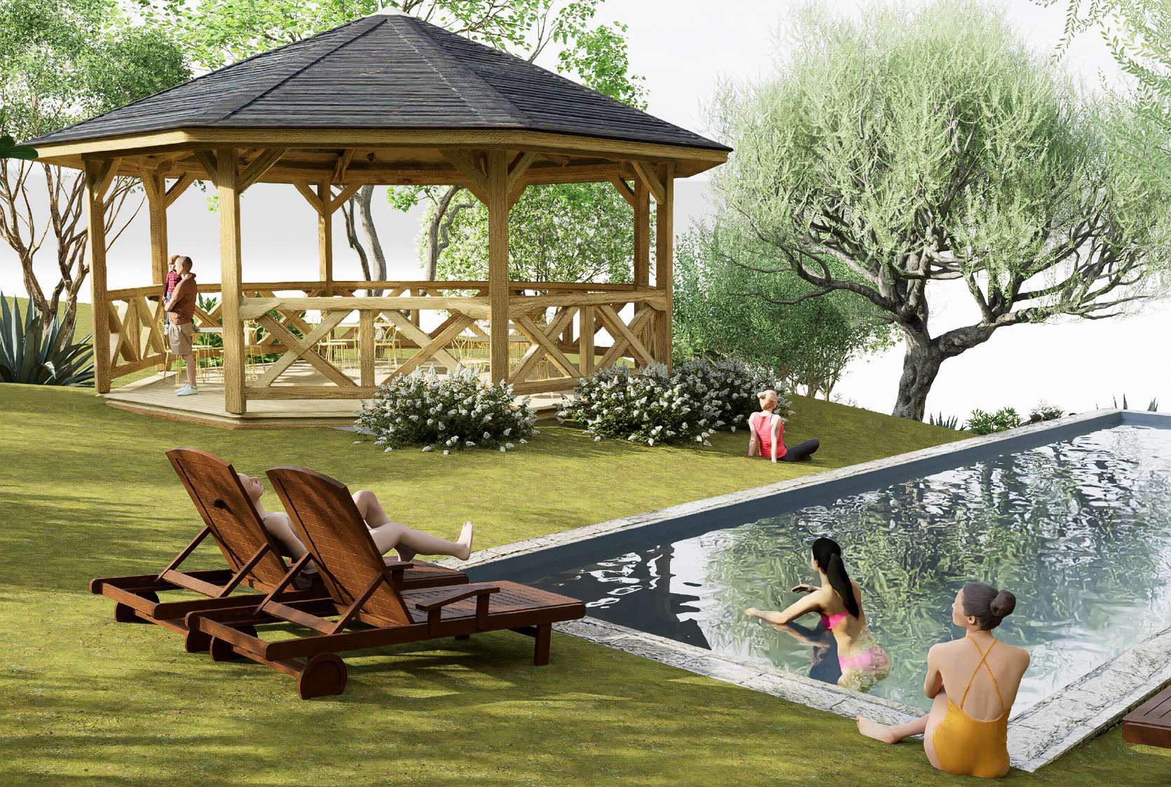 Transats au bord de la piscine et kiosque en bois