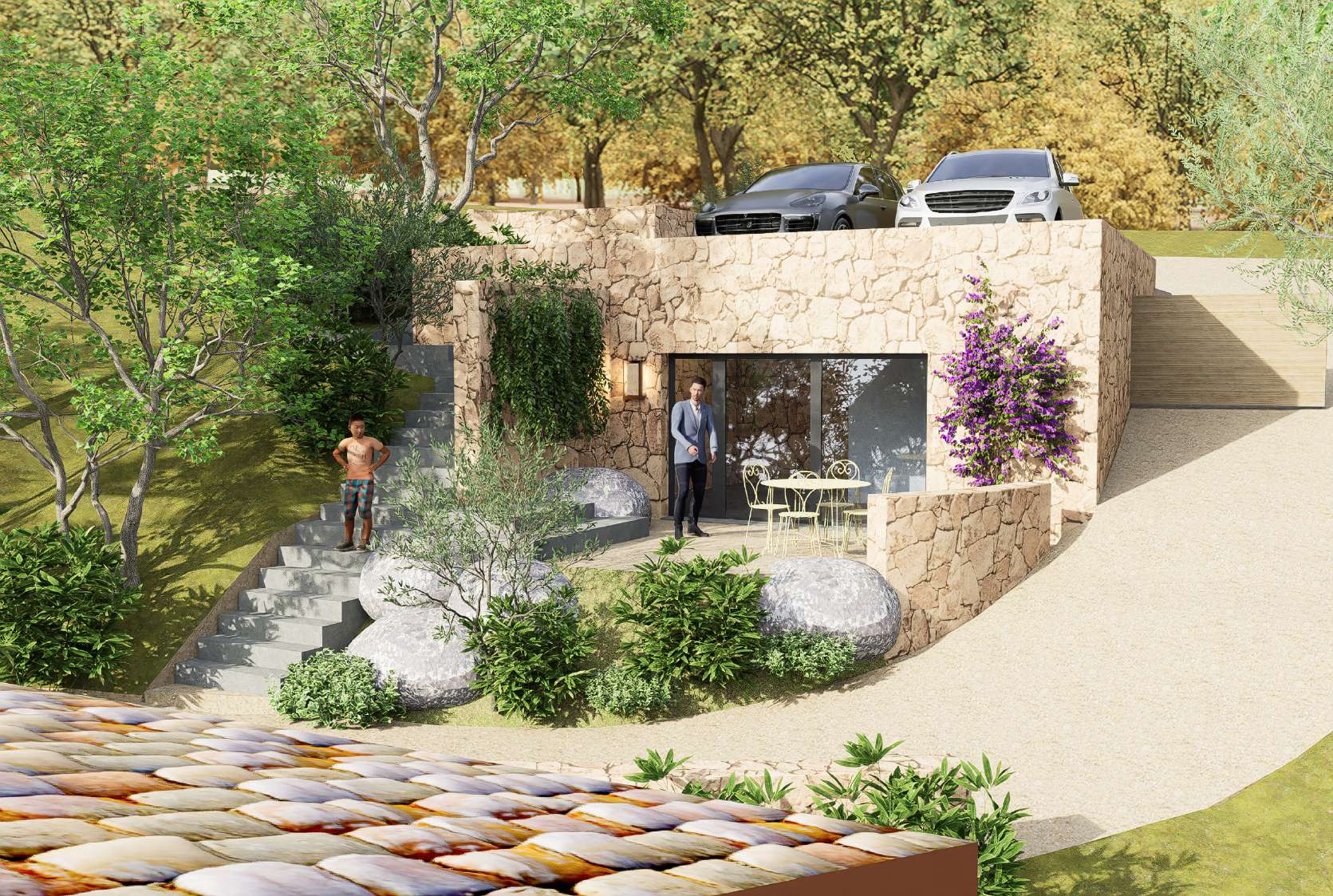 Bergerie en pierre avec stationnement sur le toit et terrasse