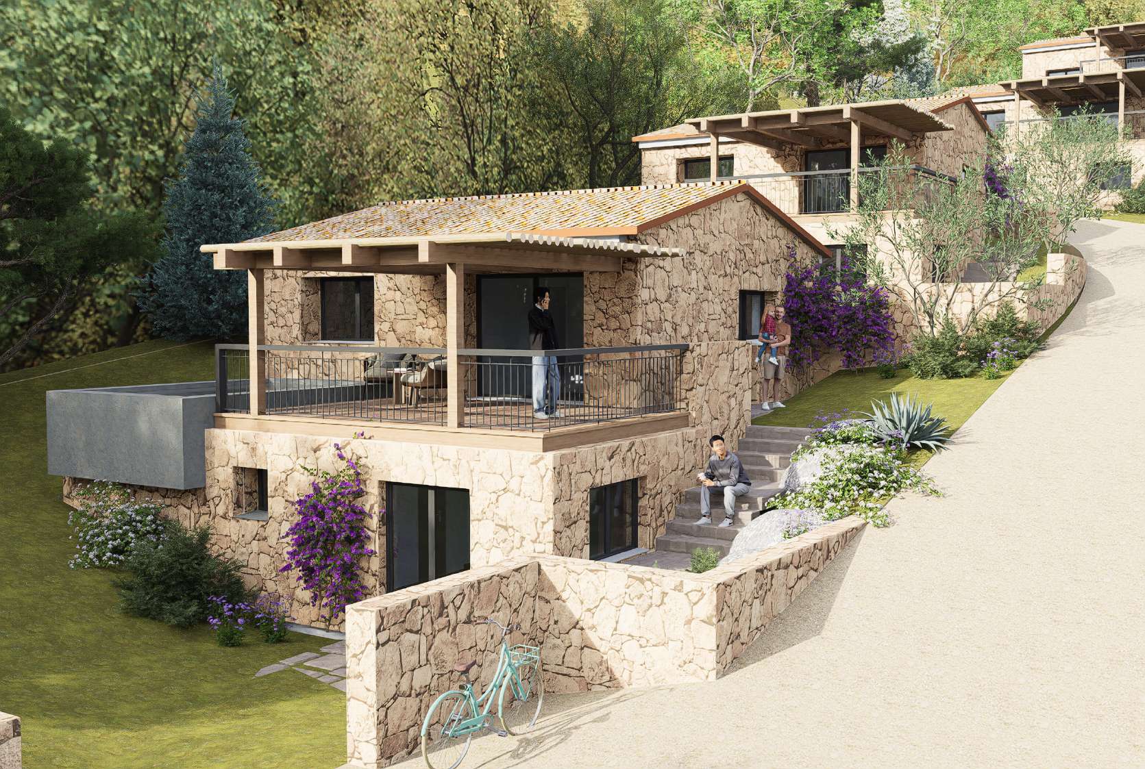 Terrasse en bois et façade en pierre fleurie de bougainvilliers
