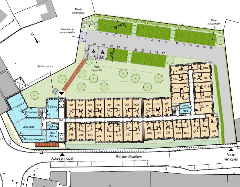 Plan du rez-de-chaussée de la résidence My Work à La Rochelle avec studios et espaces communs