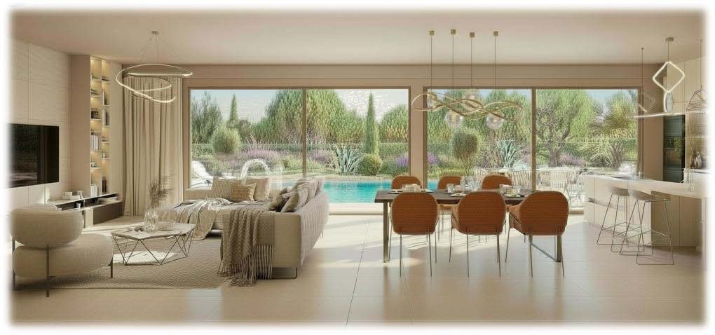 Séjour lumineux ouvert sur la piscine par de larges baies vitrées