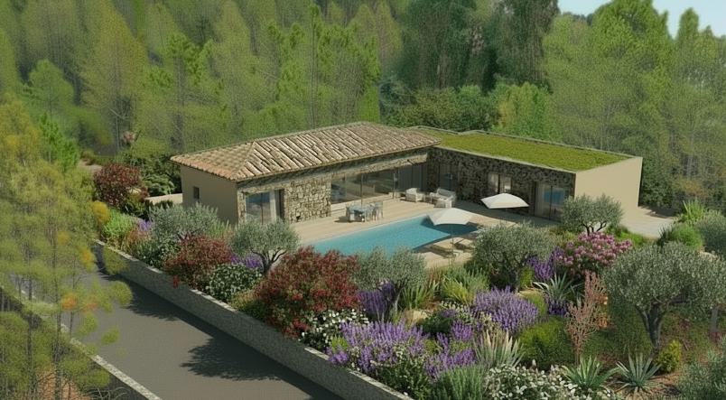 Vue aérienne d'une villa avec piscine et jardin méditerranéen, Résidence Alinia