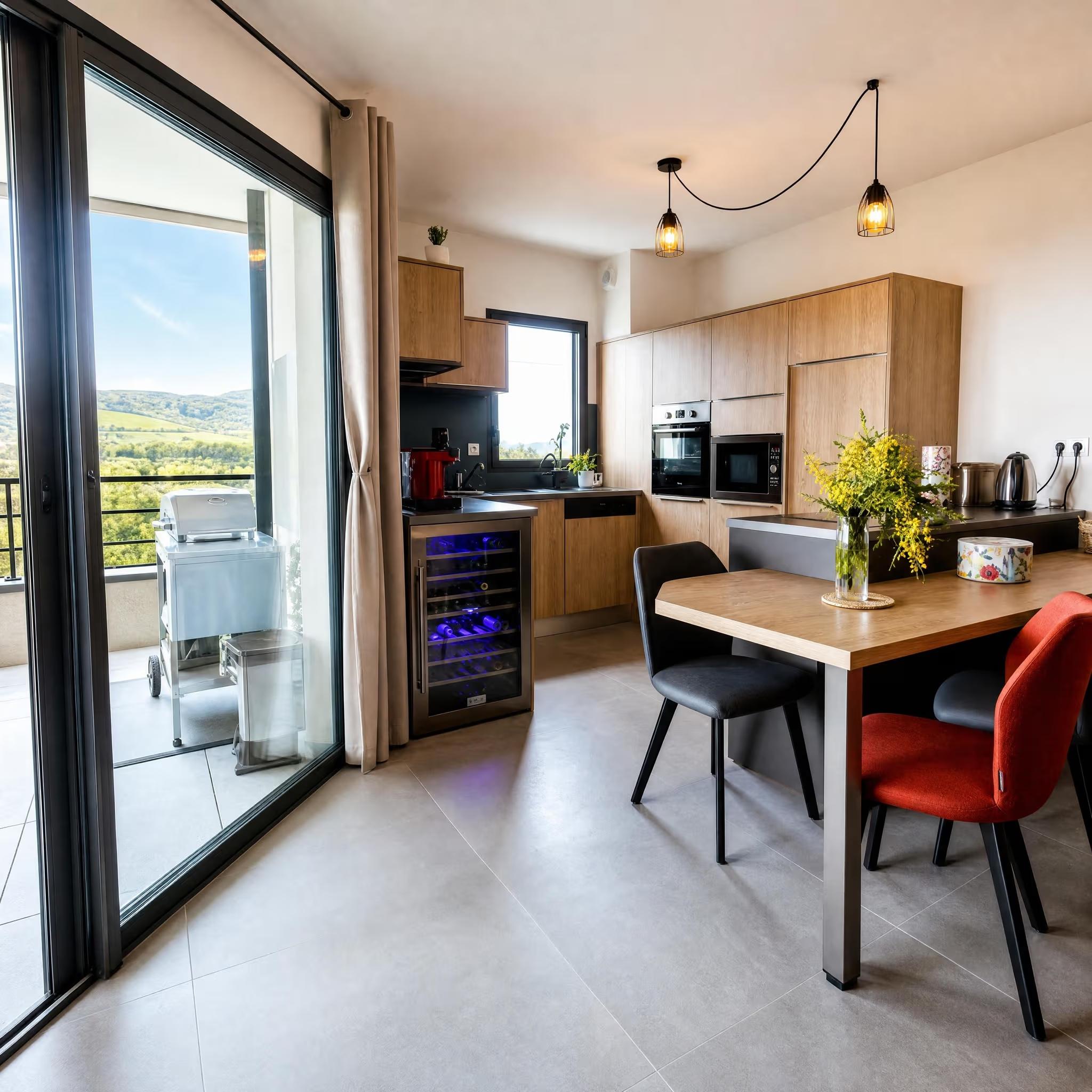 Pièce de vie avec cuisine équipée ouverte sur la terrasse – T3 meublé Porto-Vecchio
