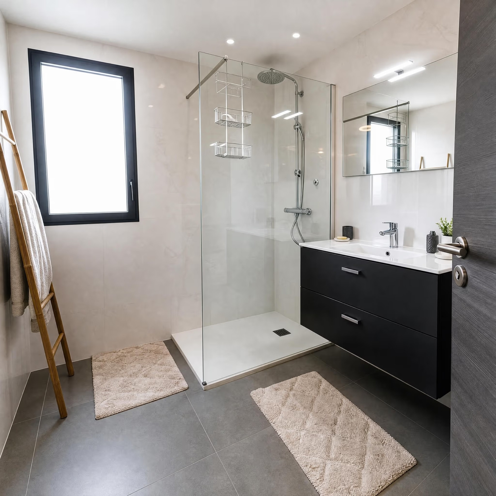 Salle d'eau avec douche à l'italienne – T3 meublé Porto-Vecchio